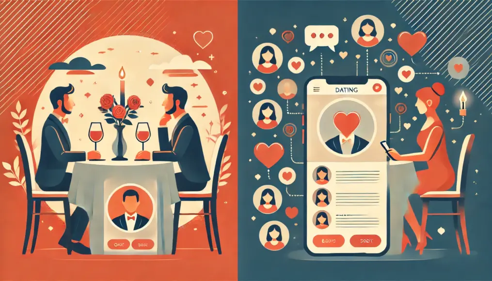 A visual comparison of traditional dating styles and modern dating through apps. On the left, a couple exchanges letters, while on the right, a couple communicates through their smartphones