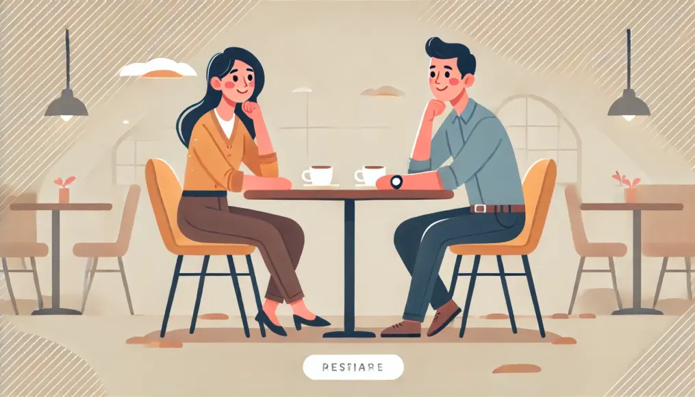 A couple sitting in a café, smiling as they have an open and respectful conversation