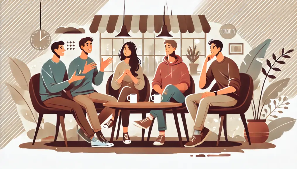 A group of friends chatting in a relaxed café setting, symbolizing an ideal society where sex can be discussed openly