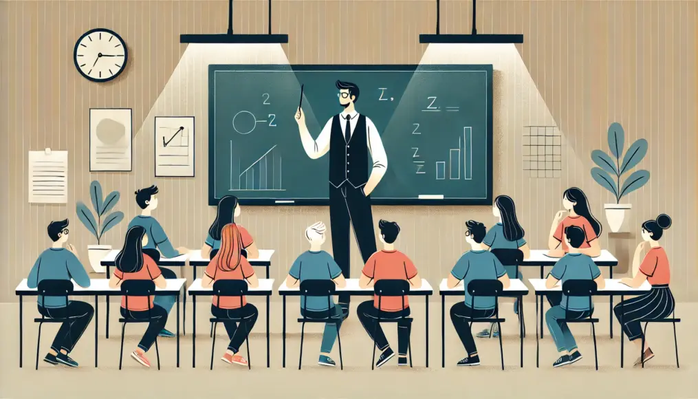 A teacher standing in front of a blackboard, with students attentively listening to a traditional sex education lesson