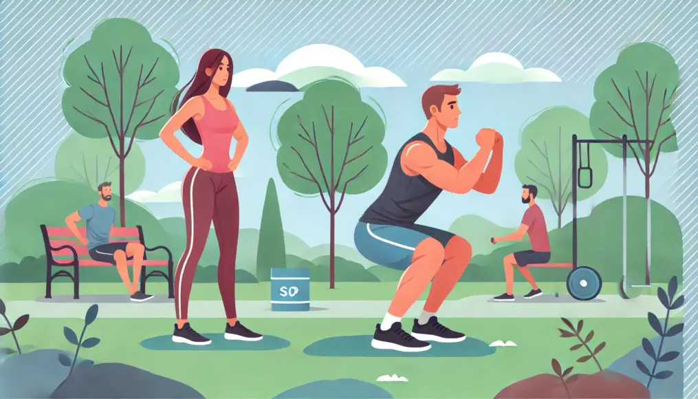 A man performing squats in a park while a woman watches, highlighting the benefits of outdoor training and partner workouts.