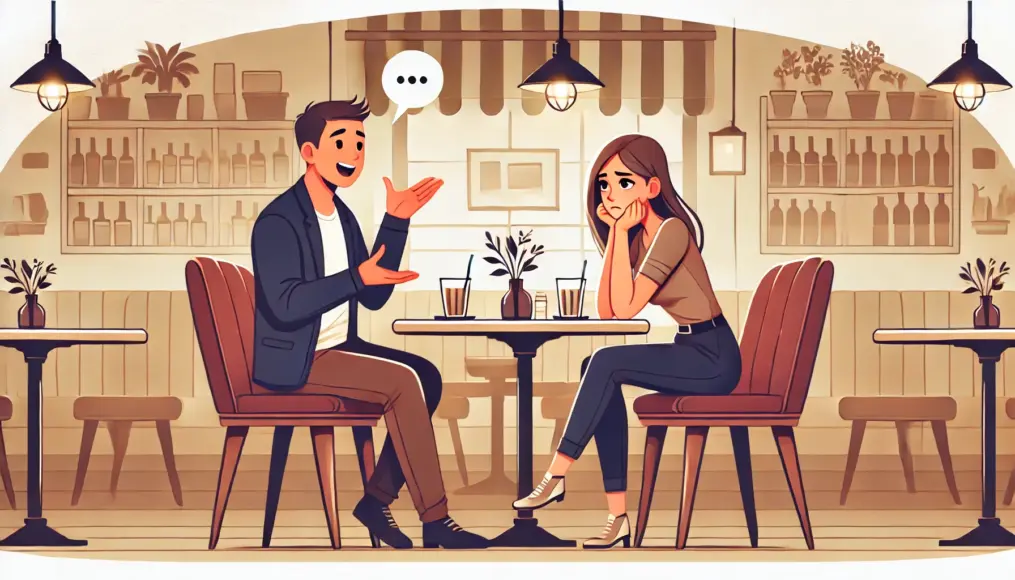 A couple having coffee at a café. The man is talking enthusiastically, but the woman looks slightly uncomfortable. The difference in emotional investment is clear.