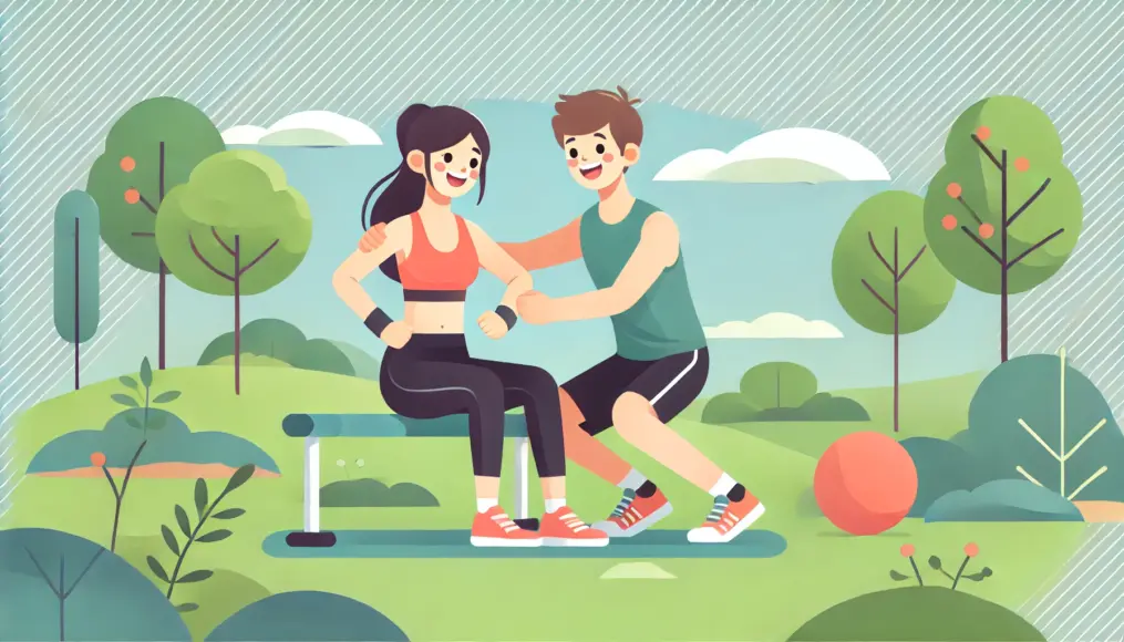 A couple exercising together in a park, smiling and supporting each other while training, symbolizing the deepened bond through shared workouts.