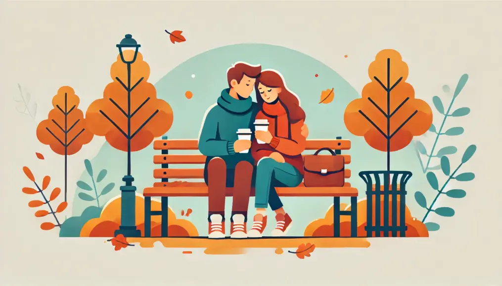 A couple sitting closely on a park bench, holding warm drinks in their hands