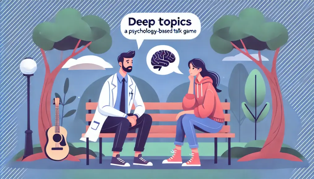 A couple sitting on a bench, engaged in a meaningful conversation, showing curiosity and interest as they explore deep topics through a psychology-based talk game.