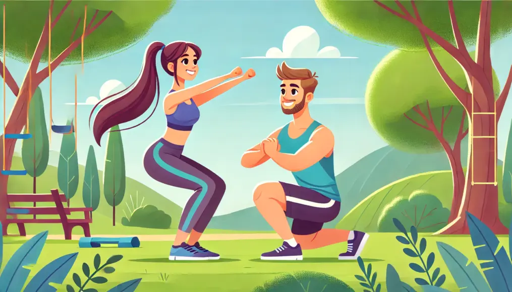 A couple training together in a park, with the man doing squats and the woman stretching, both smiling and enjoying their workout.