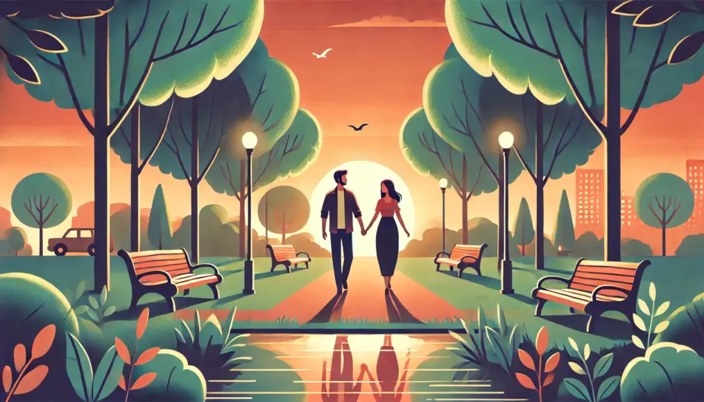 A couple walking hand in hand through a park at sunset. They respect each other's values and share a meaningful connection. The park is filled with lush green trees, creating a peaceful and comforting atmosphere