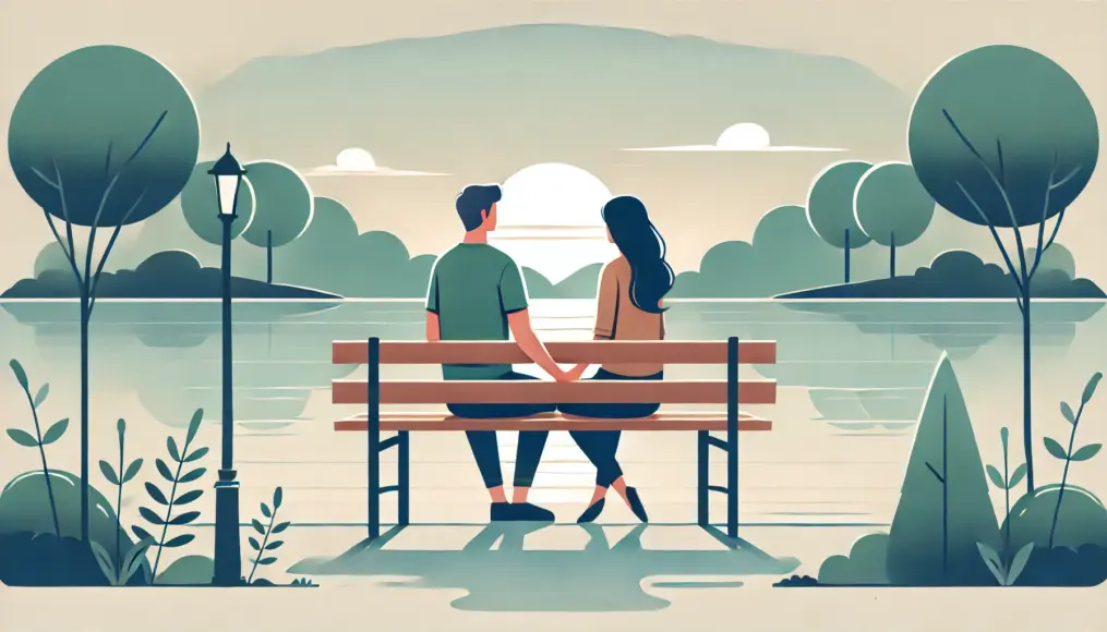 A couple sitting on a riverside bench, gently holding hands while gazing at the peaceful scenery, sharing a quiet moment