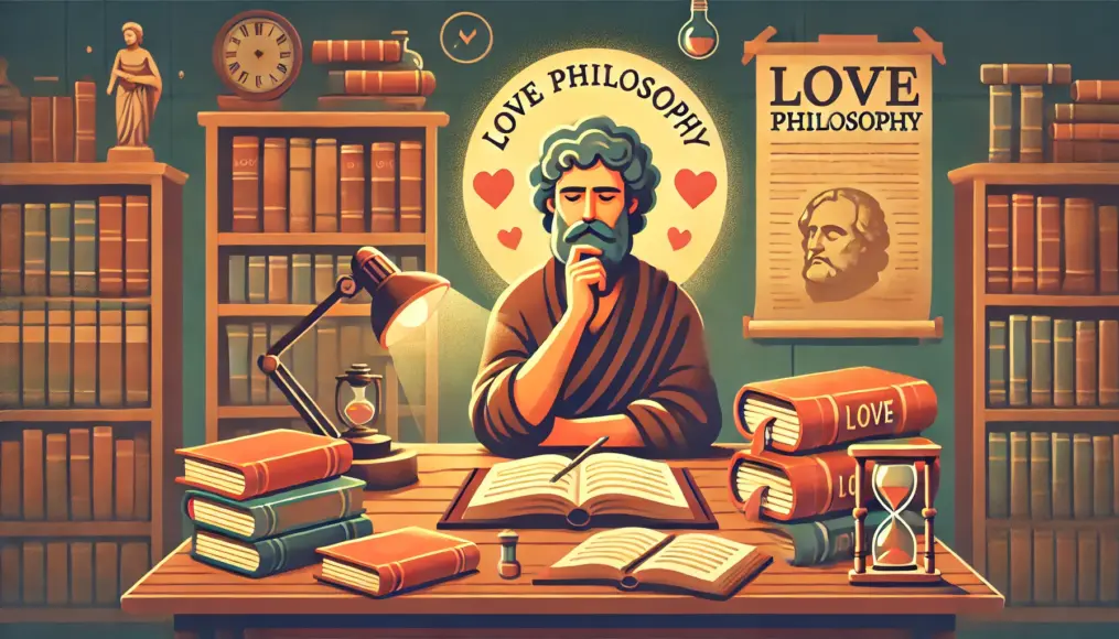 A philosopher deep in thought about love philosophy, surrounded by historical books in a study