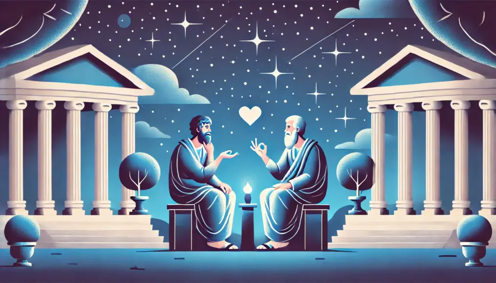 Ancient Greek philosophers discussing the essence of love under a starlit sky