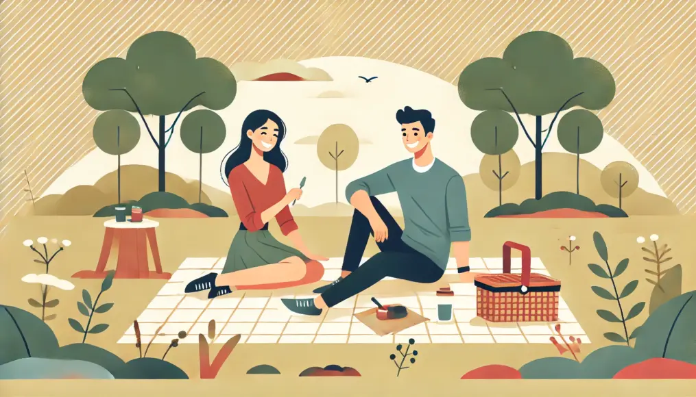 A couple enjoying a picnic in the park, fully satisfied with their casual yet meaningful date