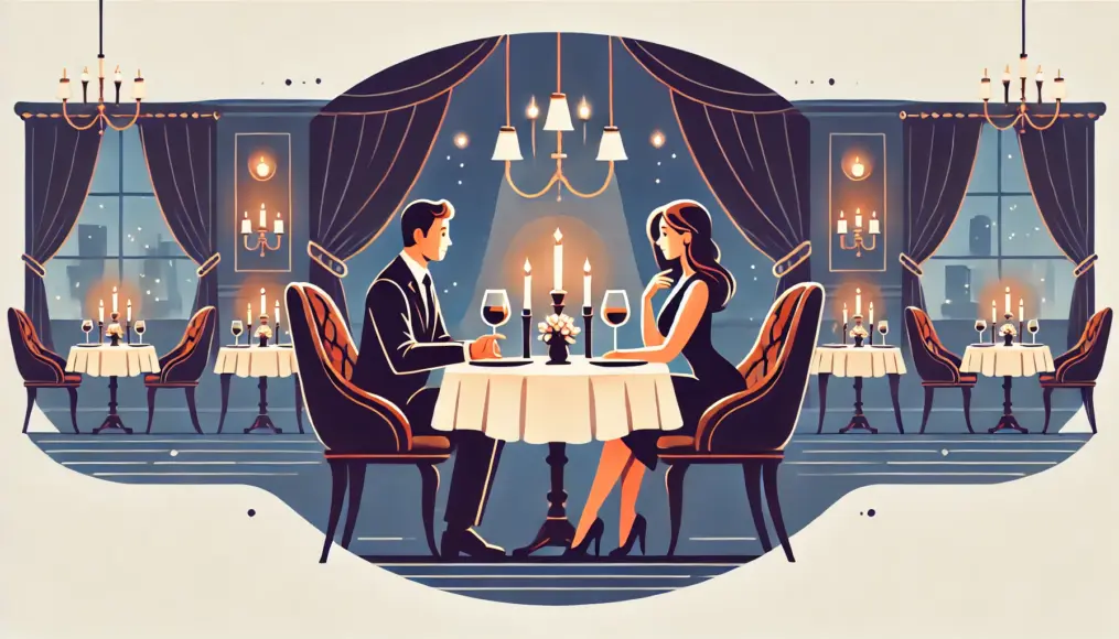 A couple sitting across from each other at an elegant restaurant, smiling as they engage in a meaningful conversation and appreciate each other's charm.