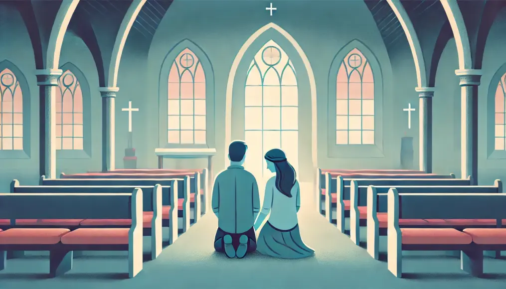 A couple praying in a quiet church, contemplating the connection between divine love and human love