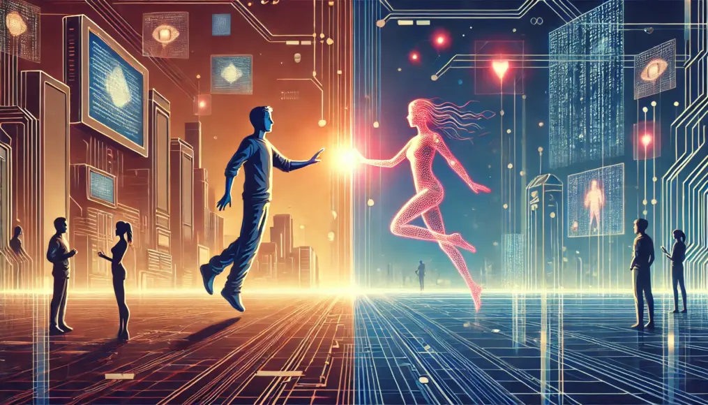 A futuristic scene where a digital lover and a human reach out to each other in a world where virtual and real merge