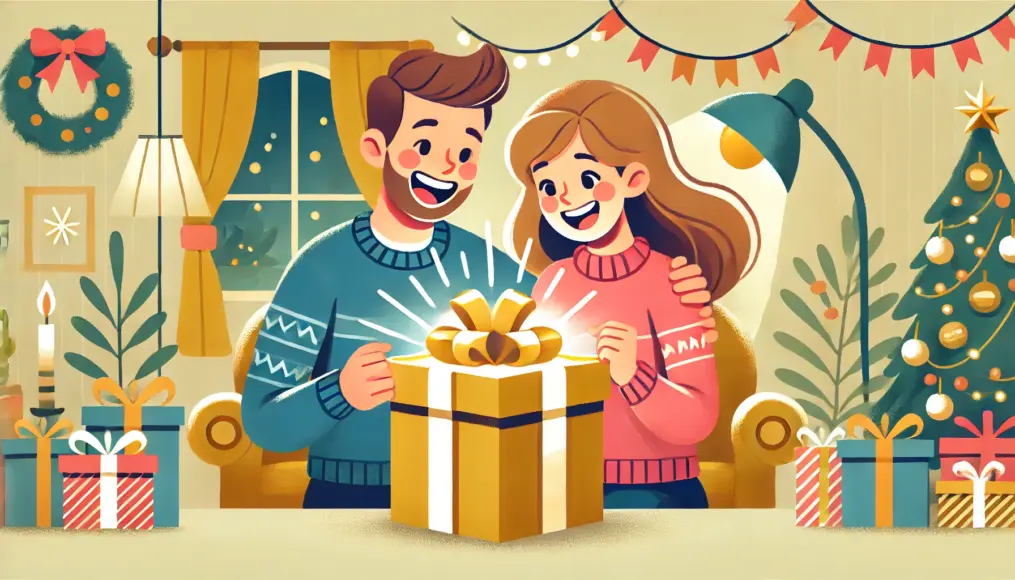 A couple opening a gift box with excitement in their eyes