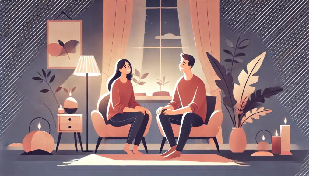 A couple having an engaging conversation in a cozy setting, emphasizing the importance of relaxed and open communication