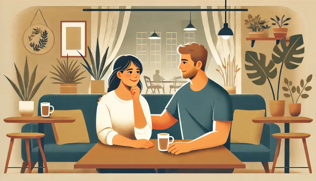 A couple sitting in a cozy café, gazing at each other with warm smiles. The man looks reassuring, and the woman appears at ease. The background features houseplants and a relaxing atmosphere.