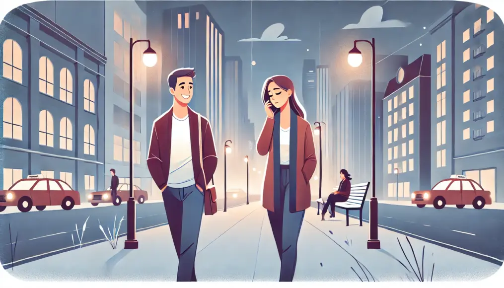 A couple walking through the city at night. The woman looks deep in thought while the man happily chats. The emotional distance between them is clear, suggesting she may be making a decision too soon.