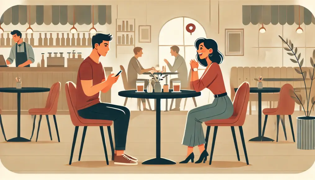 A couple sitting at a café table. The woman is talking enthusiastically, but the man is distracted by his smartphone, appearing uninterested. There is a sense of disconnect between them.