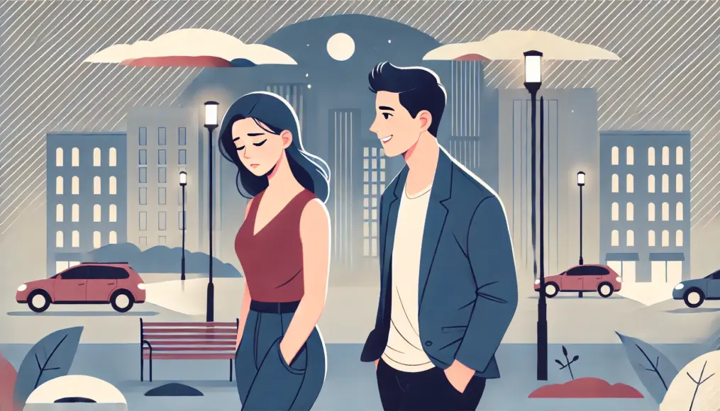 A couple walking through the city at night. The man is smiling and talking to the woman, but she looks deep in thought, creating a sense of emotional distance between them.