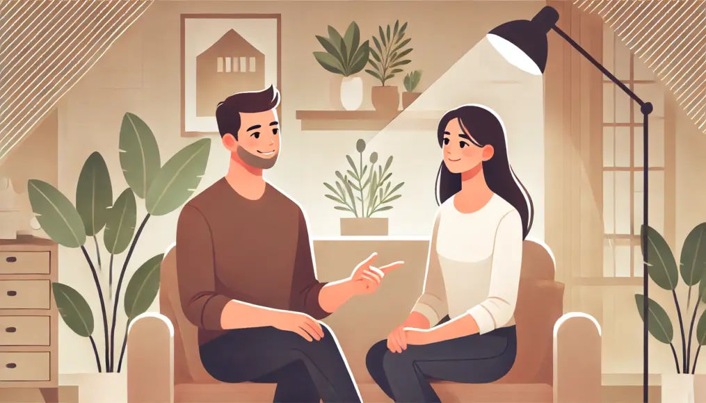 A couple relaxing in their living room, engaged in a conversation. The man smiles gently while speaking, and the woman listens with a reassured expression. The background features houseplants and soft ambient lighting, creating a cozy atmosphere.