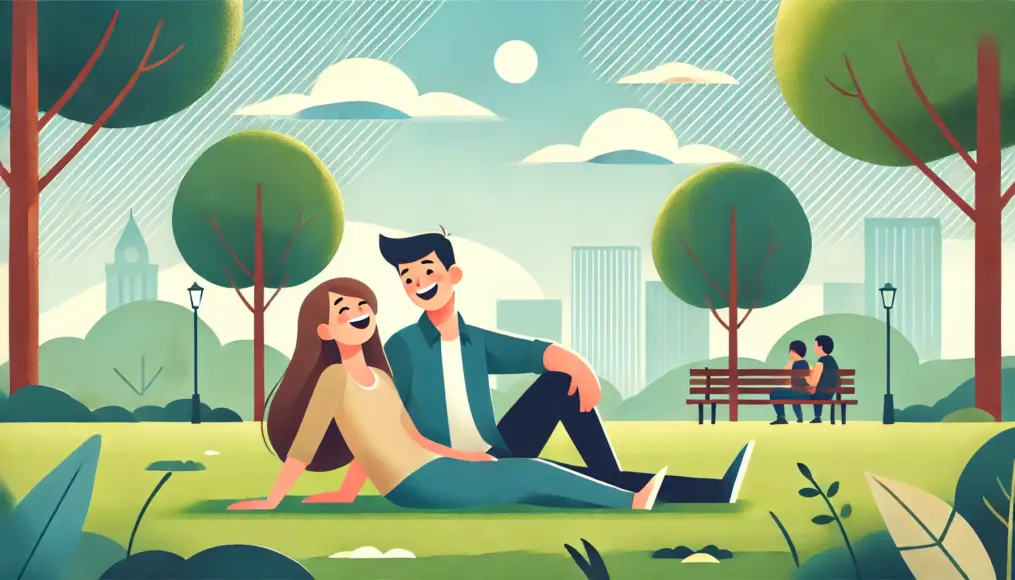 A couple sitting on the grass in a park, laughing together and enjoying each other’s company in a relaxed atmosphere.