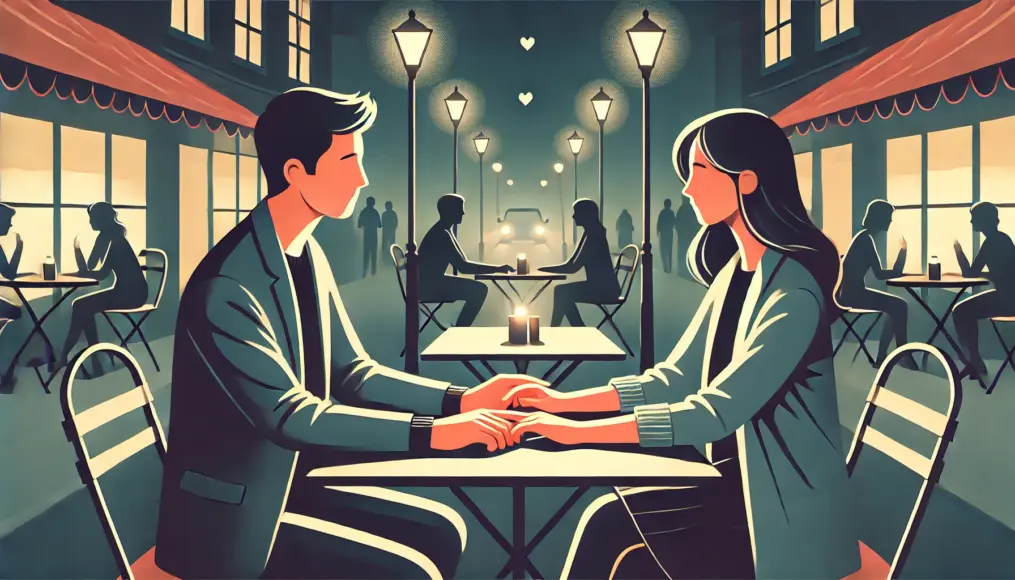 A couple sitting at an outdoor café at night, their hands intertwined as they gaze into each other’s eyes. The gentle hold of their hands deepens their sense of connection