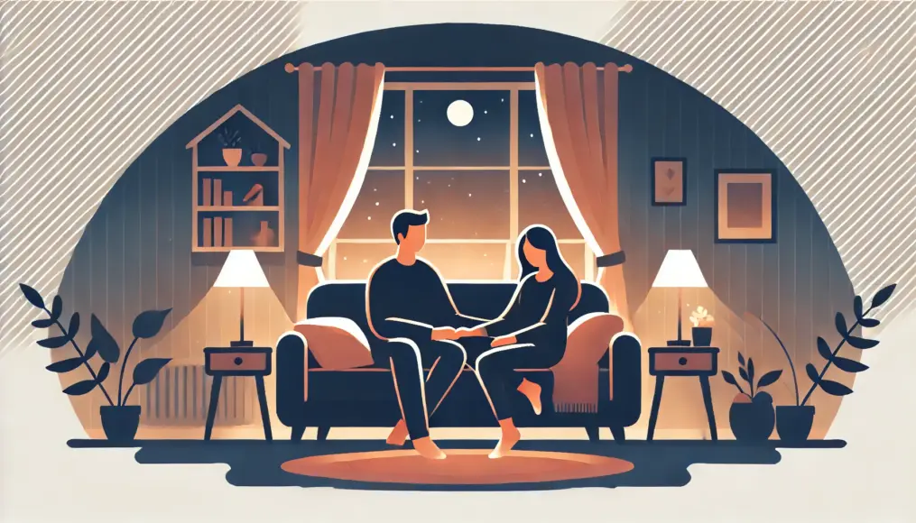 A couple sitting in a cozy living room at night, quietly holding hands on the couch. The warm glow from the ambient lighting enhances the sense of intimacy and relaxation