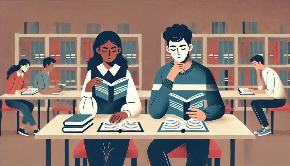 A young man and woman studying books in a quiet library, symbolizing the pursuit of reliable knowledge