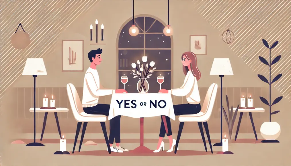 レストランで食事をしながら「YES or NOゲーム」を楽しむカップル。ワイングラスを傾けながら、互いに質問し合う様子が和やか