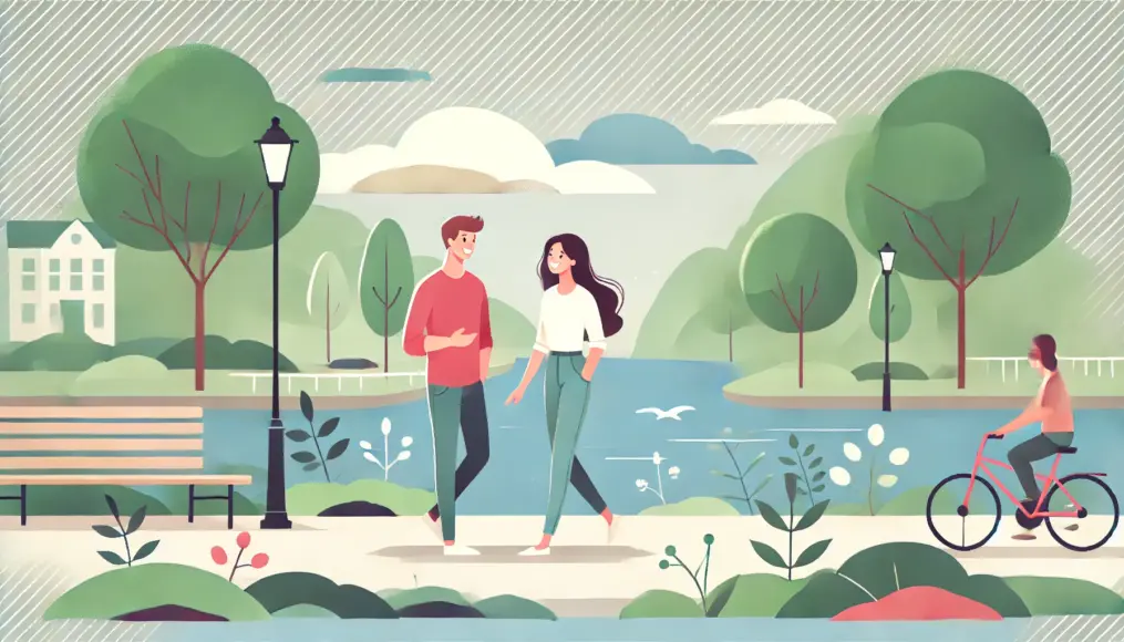 A couple happily walking along a riverside promenade, enjoying nature and conversation