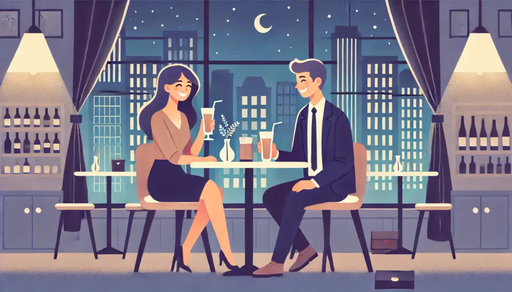 A couple smiling at each other in a romantic café with a nighttime city view