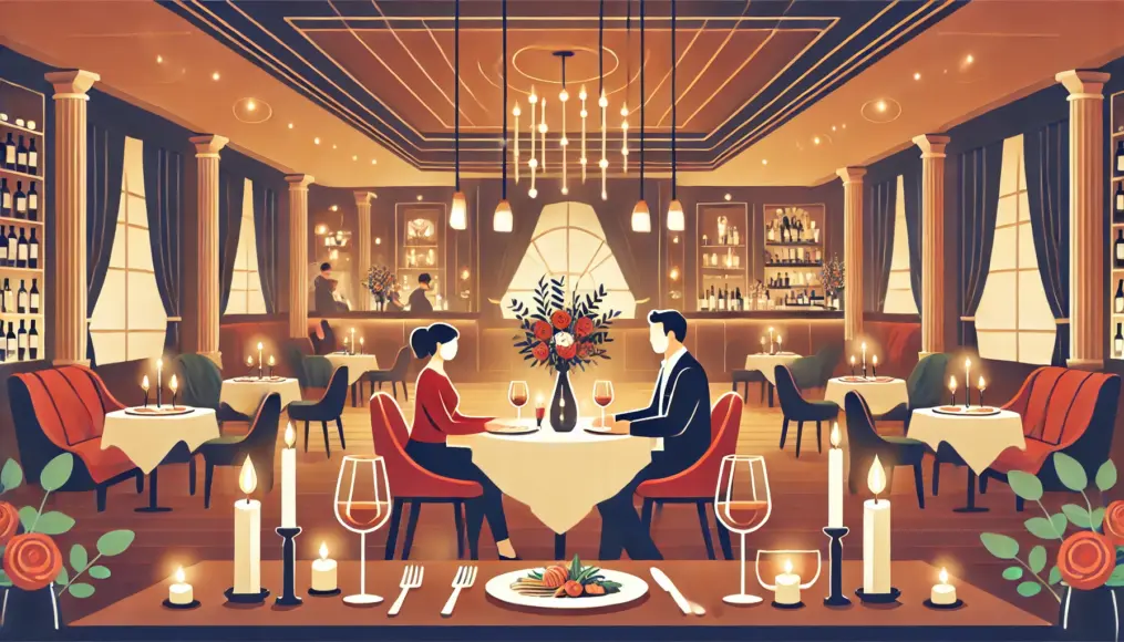 A couple enjoying a romantic dinner in a softly lit restaurant setting