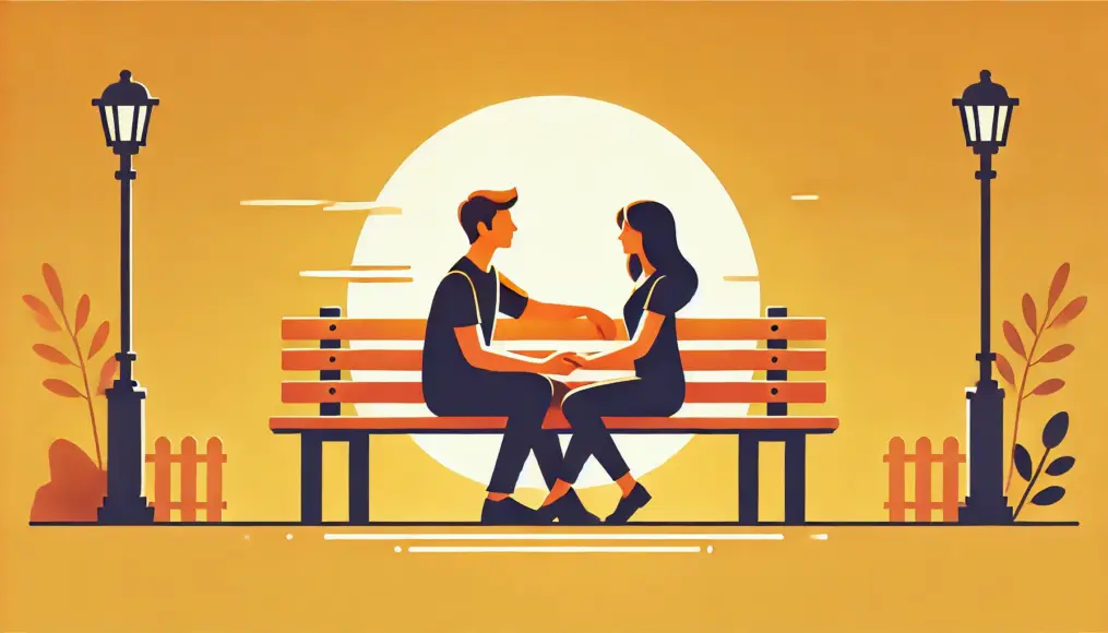 A couple sitting on a park bench at sunset, holding hands and gazing at each other warmly. The golden sky casts a romantic glow as they enjoy a peaceful and affectionate moment together