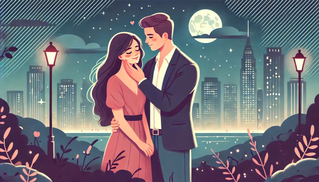 A couple standing against a night skyline, one softly touching the other's cheek, sharing a romantic moment