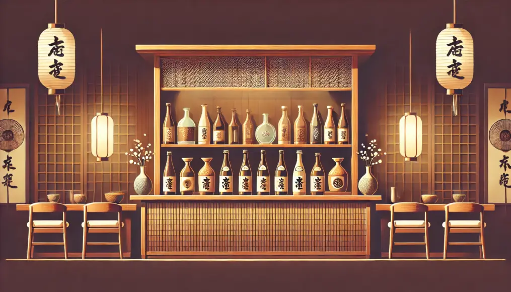 A wooden counter lined with sake and shochu bottles, creating a traditional Japanese bar atmosphere