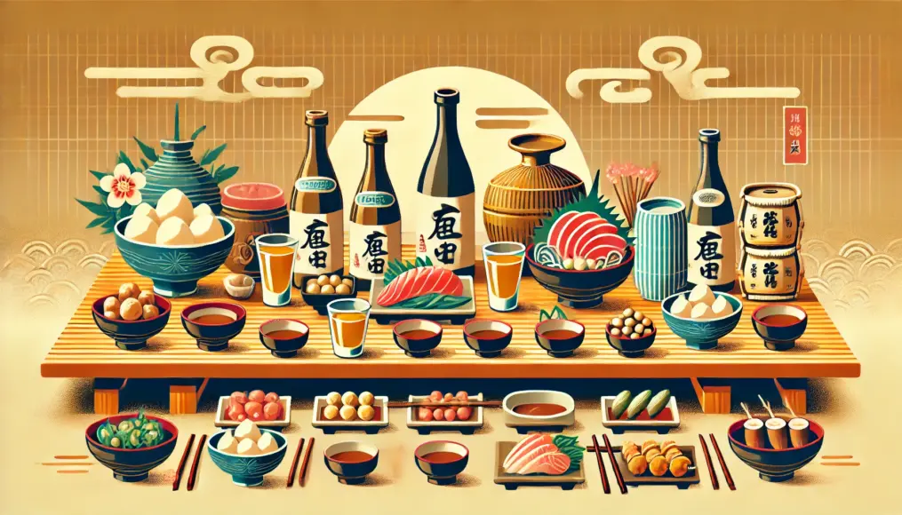 A table filled with carefully selected food pairings alongside Japanese sake and shochu