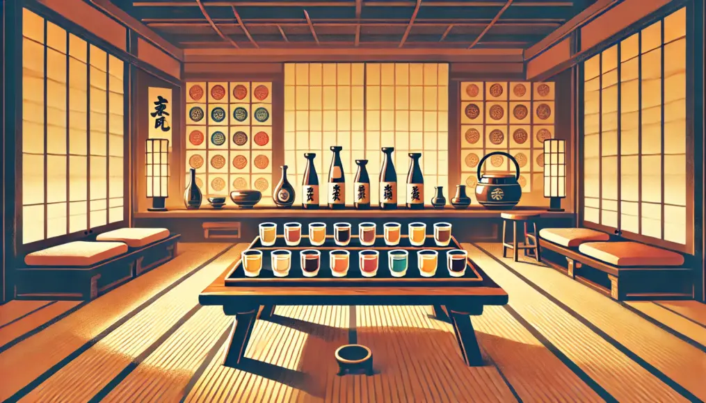 A traditional Japanese bar setting with a table displaying a sake and shochu tasting set