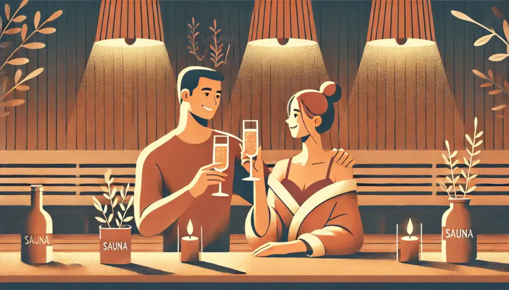 A couple toasting drinks at a cozy bar after their sauna session. The dim lighting and relaxed atmosphere create a warm and intimate setting as they smile at each other.