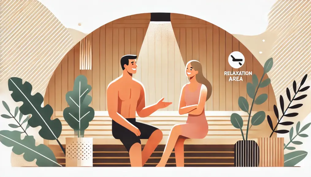 A couple having a lively conversation in the relaxation area of a sauna facility. The man gestures as he speaks, while the woman nods with a smile. The background features indoor plants and soft ambient lighting.