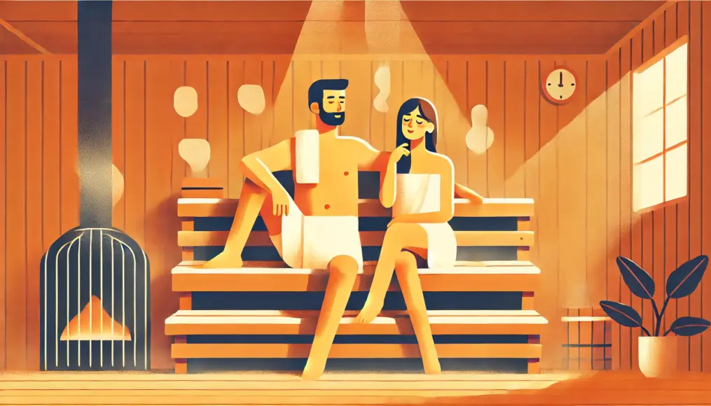 A couple sitting on a wooden bench in a sauna. The man has a towel draped around his neck, and the woman sits with her eyes closed, fully relaxed. Steam fills the air, and a warm orange glow envelops them.