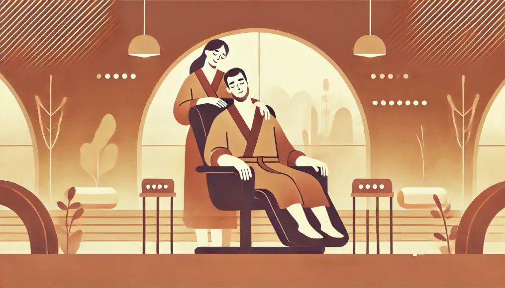 A couple cuddling in a reclining chair in the post-sauna lounge. The man is resting with his eyes closed, while the woman gently leans on his shoulder. The background features warm ambient lighting.