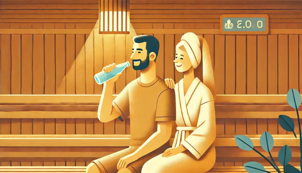 A couple drinking water while sweating in the sauna. The man takes a sip from his bottle while the woman smiles and leans in to talk. The background features warm wooden walls and soft lighting.