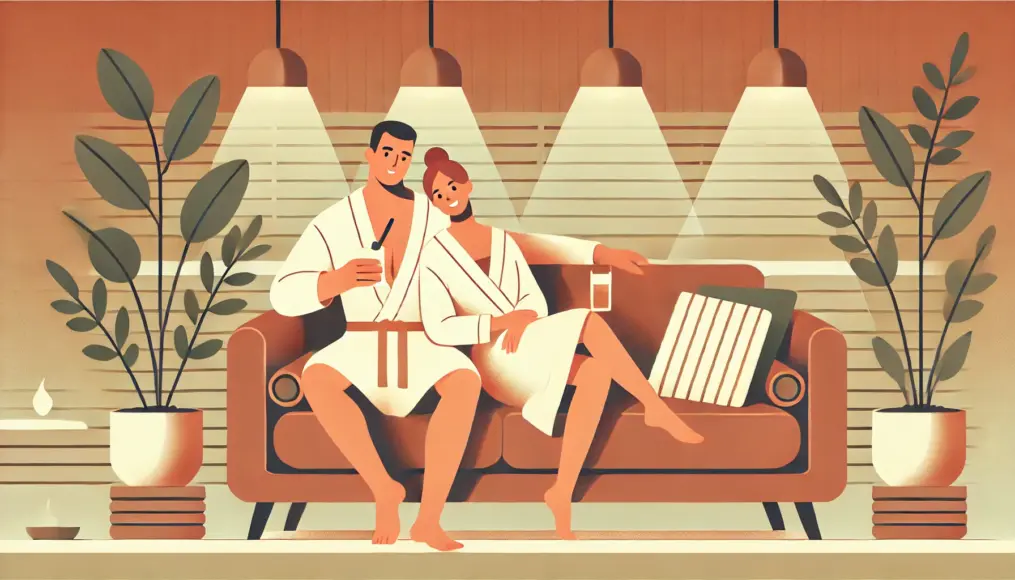 A couple relaxing on a lounge sofa after their sauna session. The man holds a drink with a relaxed expression, while the woman leans close to him, smiling. The background features warm ambient lighting in a cozy setting.