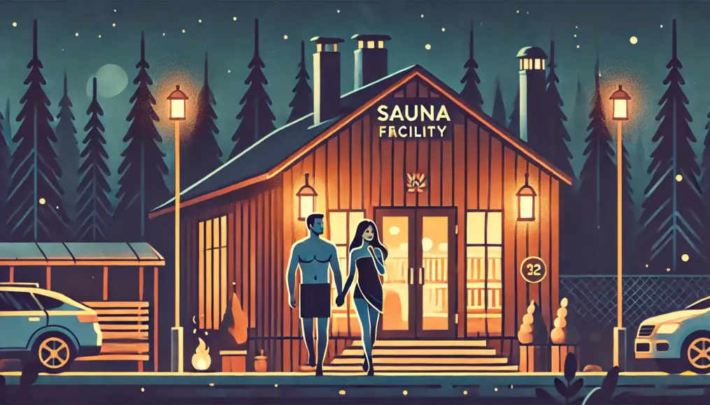 A couple walking hand in hand outside a sauna facility at night. The warm lights of the facility glow behind them as they walk closely, looking relaxed and happy.