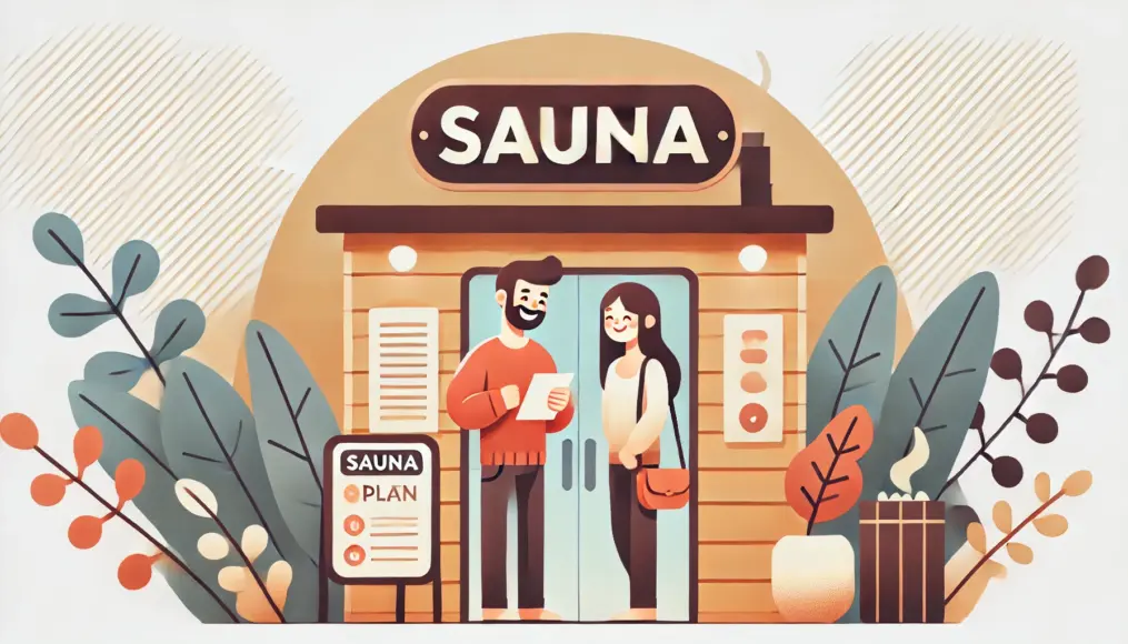 A couple discussing their sauna date plan at the entrance of a sauna facility. The man is checking facility information on his smartphone while the woman nods happily. A sauna sign is visible in the background.