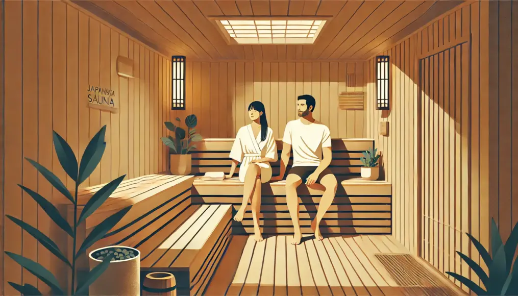 A couple relaxing in a private Japanese-style sauna. They sit comfortably in a cozy wooden interior, surrounded by soft ambient lighting and indoor plants, creating a warm and intimate atmosphere.