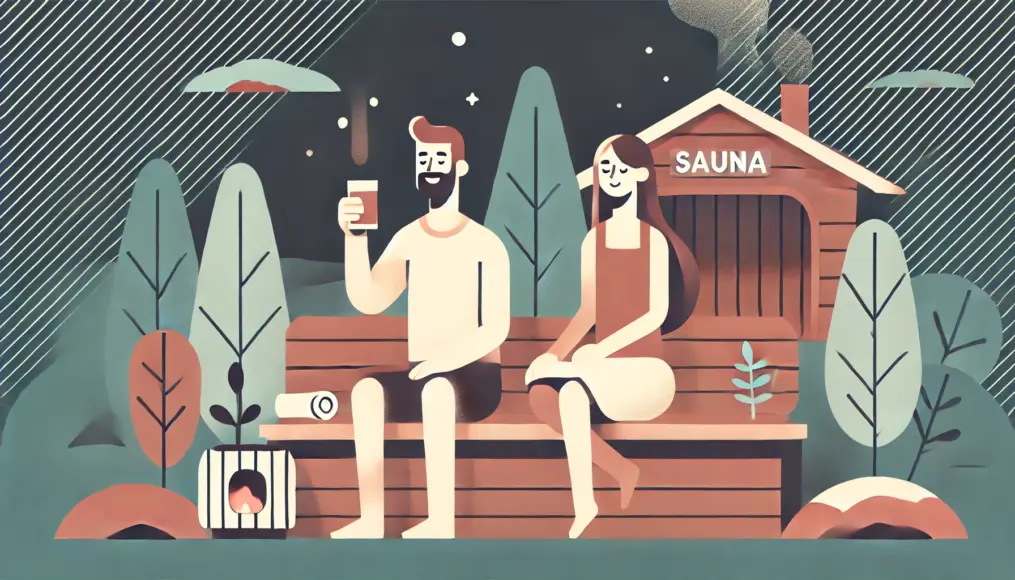 A couple relaxing on an outdoor bench after their sauna session. The man holds a drink while smiling, and the woman closes her eyes, enjoying the breeze. The background is filled with trees, creating a peaceful nighttime atmosphere.