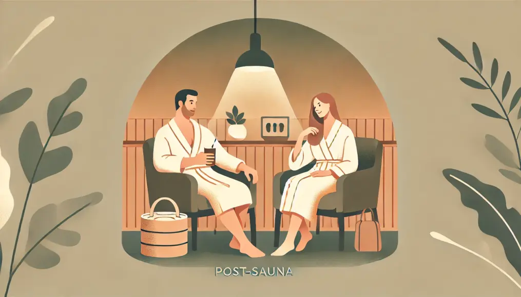 A couple relaxing in a post-sauna lounge. The man sits back in a chair, holding a drink, while the woman leans in with a gentle smile, enjoying the moment.