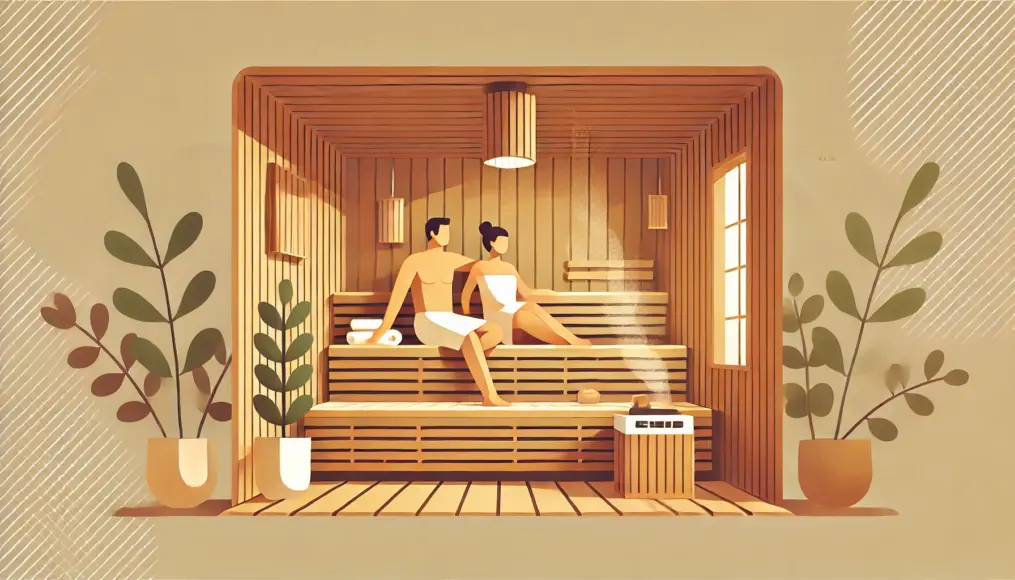 A couple inside a sauna, smiling at each other. The man wipes sweat from his forehead while the woman smiles warmly. The wooden walls create a cozy, relaxing atmosphere.